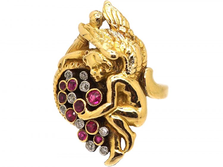 French Art Nouveau 18ct Gold Cherub Ring set with Diamonds & Rubies