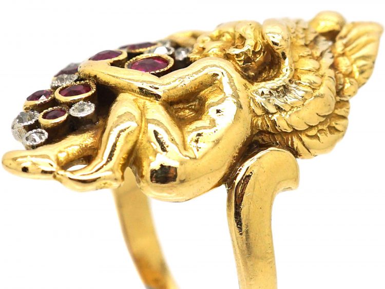 French Art Nouveau 18ct Gold Cherub Ring set with Diamonds & Rubies