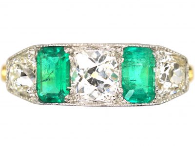 Early 20th Century 18ct Gold & Platinum, Five Stone Emerald & Diamond Ring