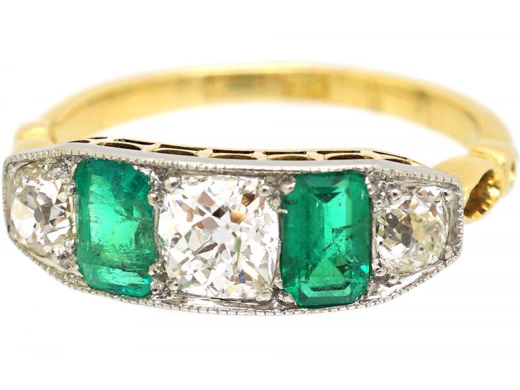 Early 20th Century 18ct Gold & Platinum, Five Stone Emerald & Diamond Ring