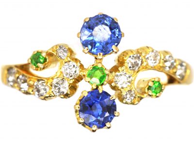 Edwardian 18ct Gold Twist Ring set with Sapphires, Diamonds & Green Garnets