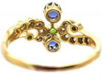 Edwardian 18ct Gold Twist Ring set with Sapphires, Diamonds & Green Garnets