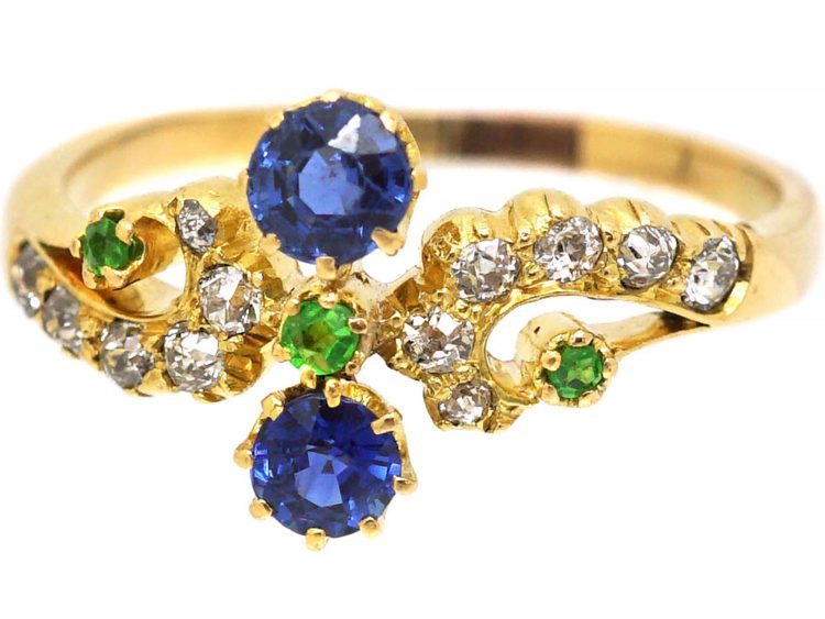 Edwardian 18ct Gold Twist Ring set with Sapphires, Diamonds & Green Garnets