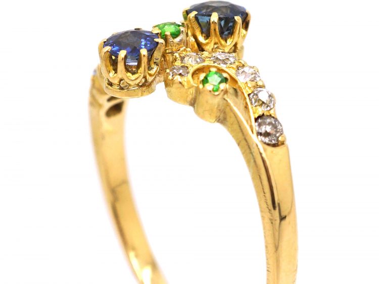 Edwardian 18ct Gold Twist Ring set with Sapphires, Diamonds & Green Garnets