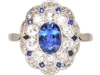 Edwardian 18ct Gold & Platinum Oval Cluster Ring set with Sapphires & Diamonds