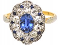 Edwardian 18ct Gold & Platinum Oval Cluster Ring set with Sapphires & Diamonds