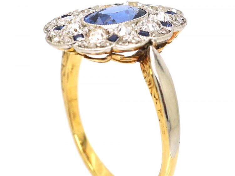 Edwardian 18ct Gold & Platinum Oval Cluster Ring set with Sapphires & Diamonds