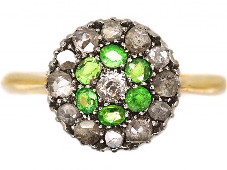 Edwardian 18ct Gold & Silver Cluster Ring set with Green Garnets & Diamonds