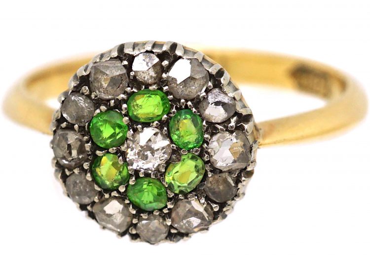 Edwardian 18ct Gold & Silver Cluster Ring set with Green Garnets & Diamonds