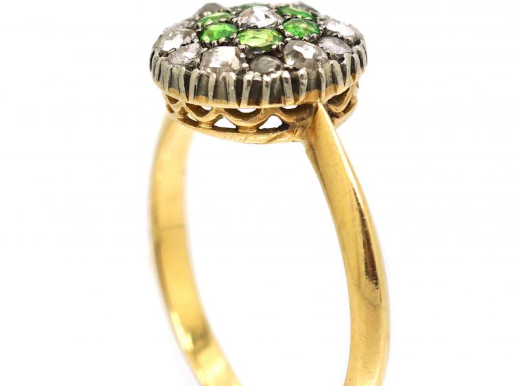 Edwardian 18ct Gold & Silver Cluster Ring set with Green Garnets & Diamonds