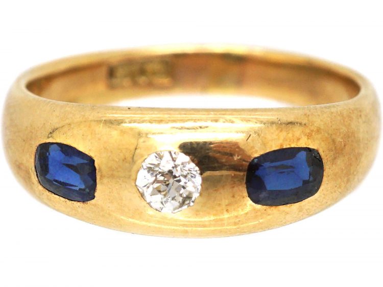 Edwardian 15ct Gold Rub Over Set Sapphire & Diamond Ring