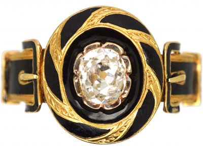 Victorian 18ct Gold & Black Enamel Mourning Ring set with a Diamond