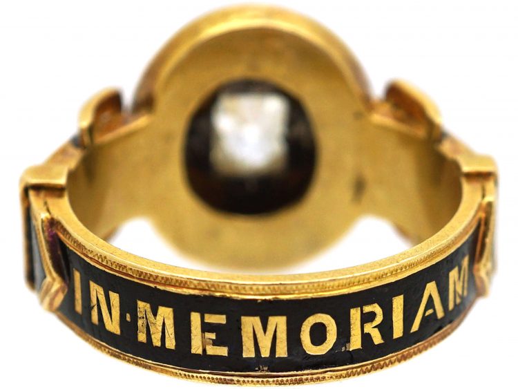 Victorian 18ct Gold & Black Enamel Mourning Ring set with a Diamond