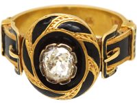 Victorian 18ct Gold & Black Enamel Mourning Ring set with a Diamond