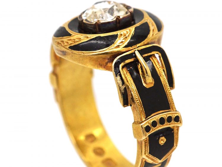 Victorian 18ct Gold & Black Enamel Mourning Ring set with a Diamond