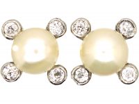 Edwardian 18ct Gold & Platinum Earrings set with Natural Bouton Pearls & Diamonds