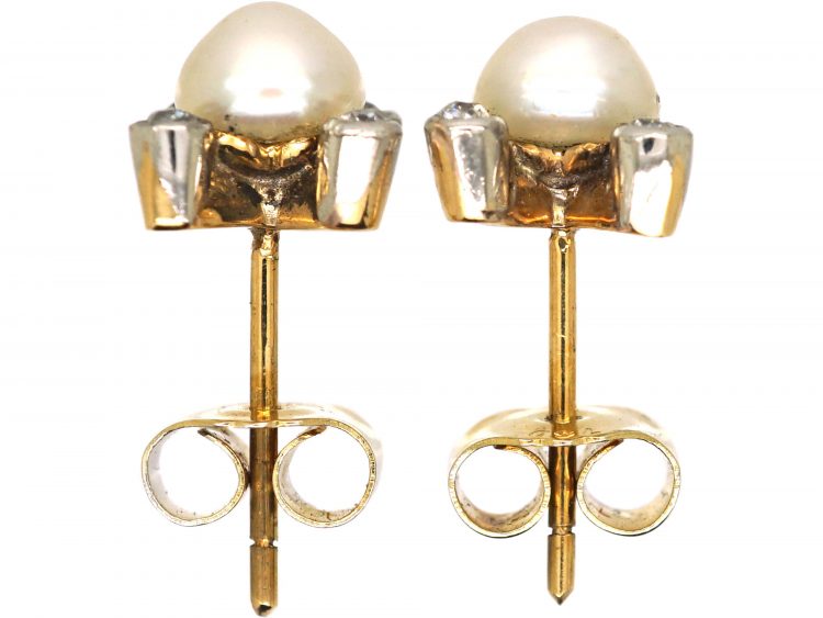 Edwardian 18ct Gold & Platinum Earrings set with Natural Bouton Pearls & Diamonds