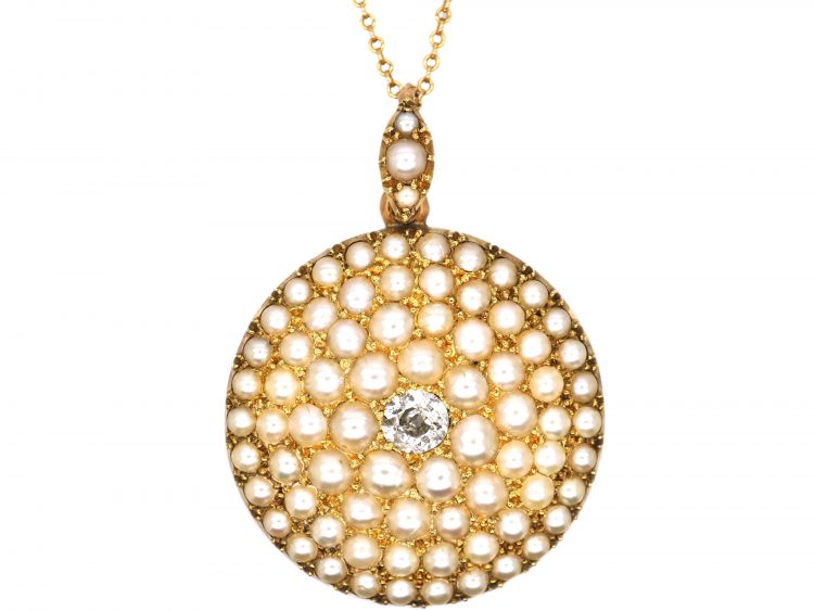 Edwardian 15ct Gold Pendant pave set with Natural Split Pearls & a Diamond on 15ct Gold Chain in Original Case