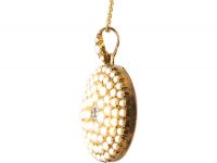 Edwardian 15ct Gold Pendant pave set with Natural Split Pearls & a Diamond on 15ct Gold Chain in Original Case