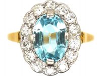 Edwardian 18ct Gold & Platinum Cluster Ring set with an Aquamarine & Diamonds