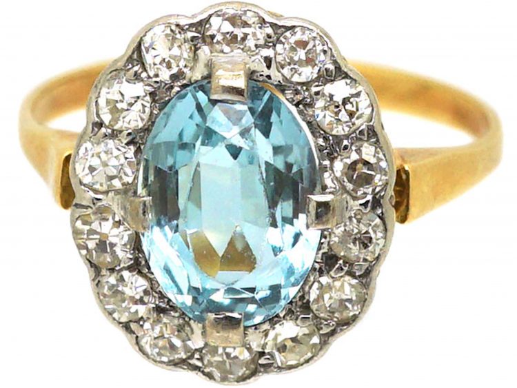 Edwardian 18ct Gold & Platinum Cluster Ring set with an Aquamarine & Diamonds