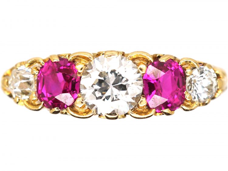 Victorian 18ct Gold, Five Stone Pink Sapphire & Diamond Carved Half Hoop Ring