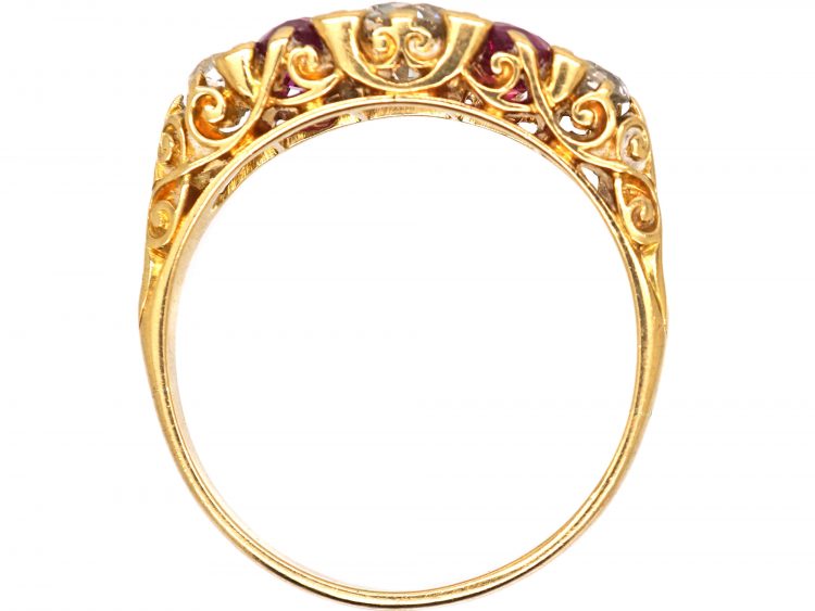 Victorian 18ct Gold, Five Stone Pink Sapphire & Diamond Carved Half Hoop Ring