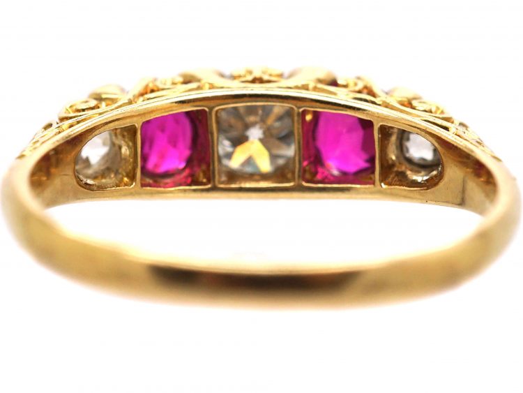 Victorian 18ct Gold, Five Stone Pink Sapphire & Diamond Carved Half Hoop Ring