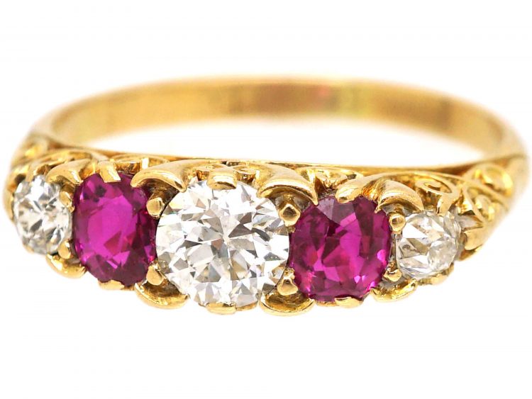 Victorian 18ct Gold, Five Stone Pink Sapphire & Diamond Carved Half Hoop Ring