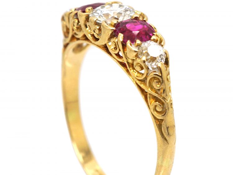 Victorian 18ct Gold, Five Stone Pink Sapphire & Diamond Carved Half Hoop Ring