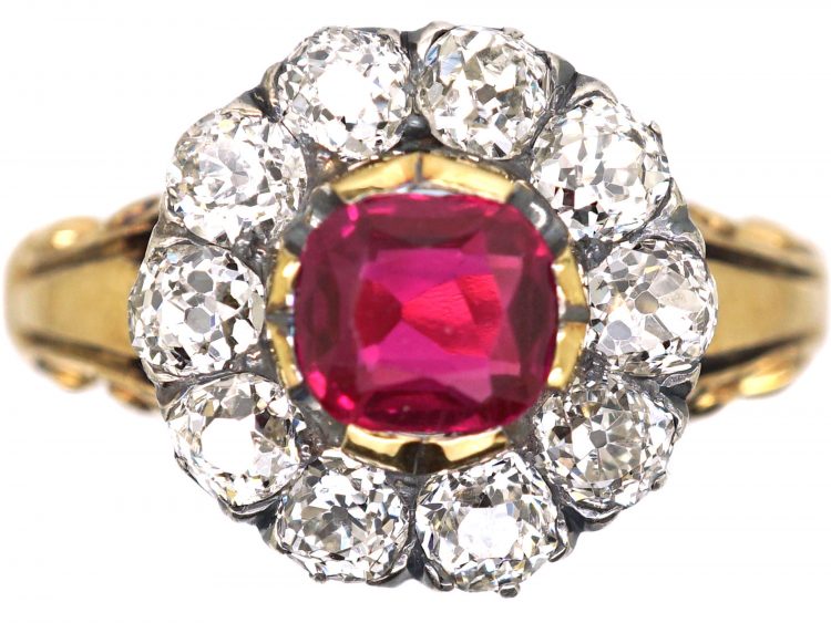 Victorian 18ct Gold, Ruby & Diamond Cluster Ring