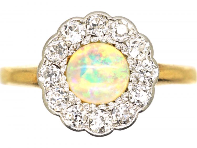 Edwardian 18ct Gold & Platinum, Opal & Diamond Cluster Ring