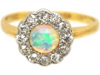 Edwardian 18ct Gold & Platinum, Opal & Diamond Cluster Ring