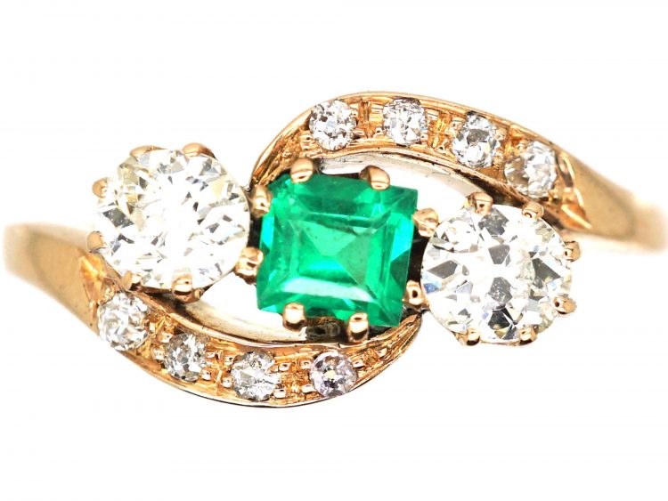 Early 20th Century 14ct Gold, Emerald & Diamond Crossover Ring