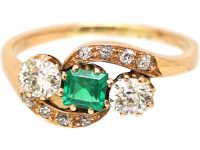 Early 20th Century 14ct Gold, Emerald & Diamond Crossover Ring