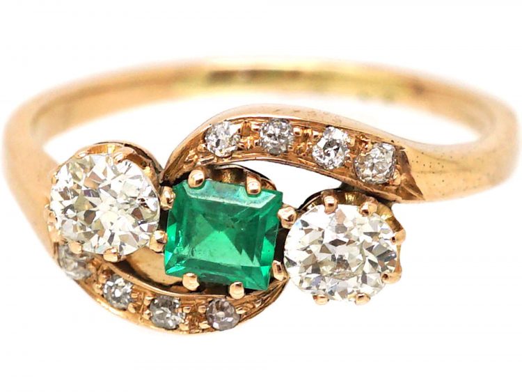 Early 20th Century 14ct Gold, Emerald & Diamond Crossover Ring