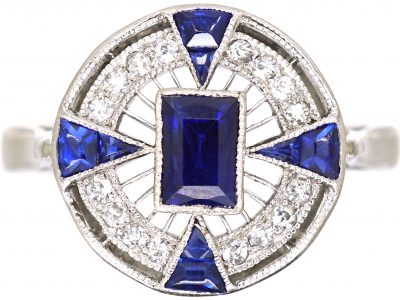 Art Deco 18ct White Gold Target Ring set with Sapphires & Diamonds