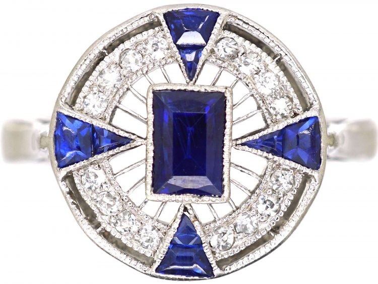 Art Deco 18ct White Gold Target Ring set with Sapphires & Diamonds