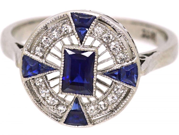 Art Deco 18ct White Gold Target Ring set with Sapphires & Diamonds