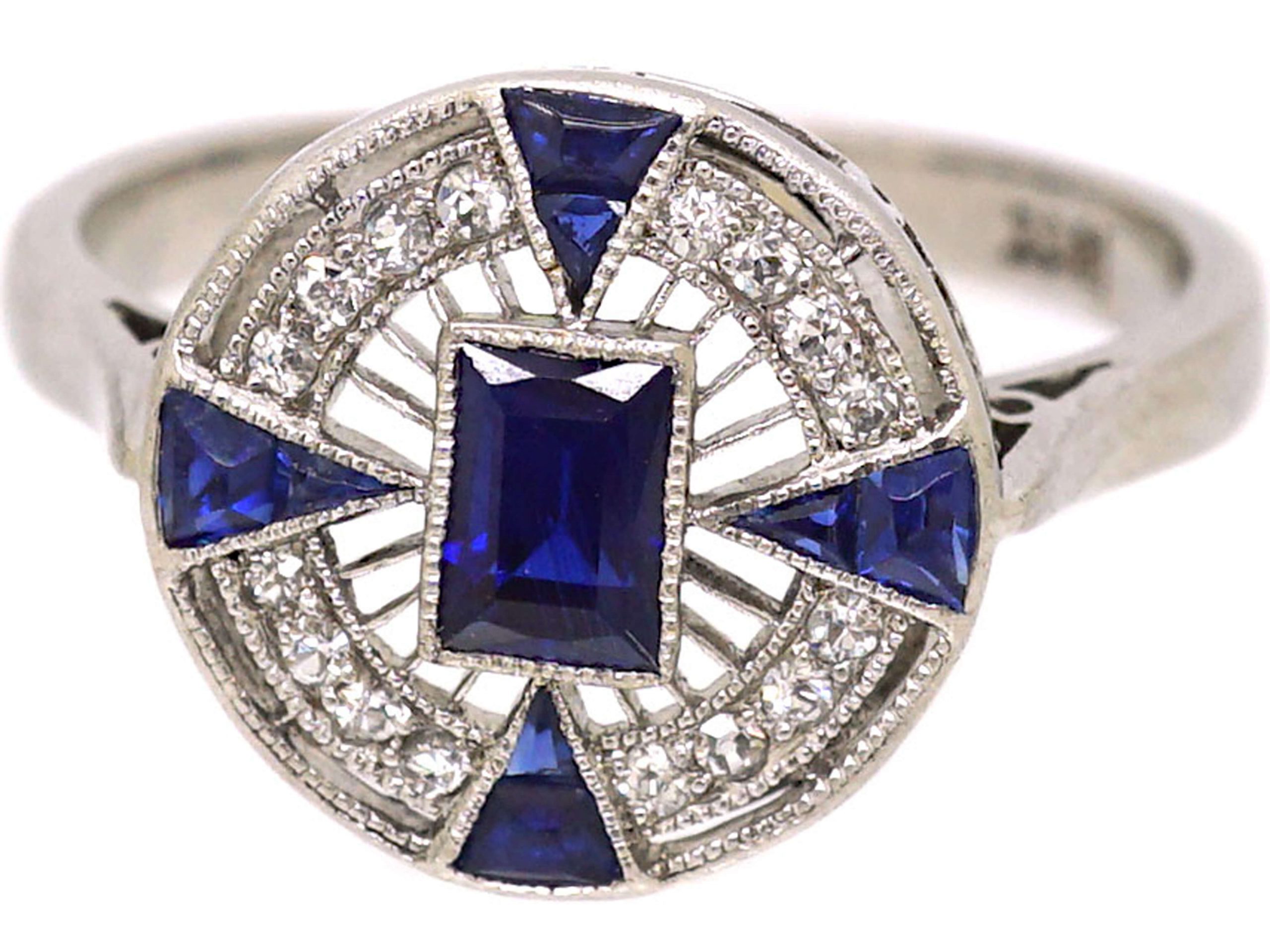 Art Deco 18ct White Gold Target Ring set with Sapphires & Diamonds (48Y ...