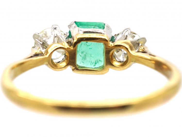 Early 20th Century 18ct Gold & Platinum, Emerald & Diamond Three Stone Ring