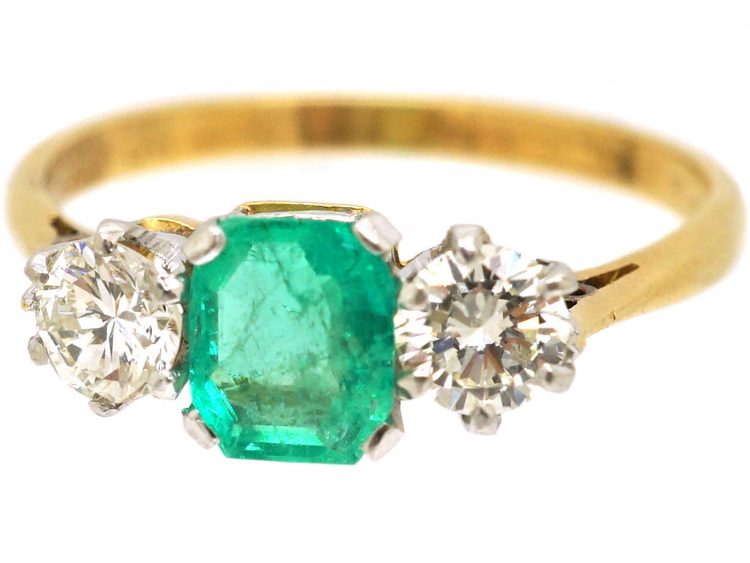 Early 20th Century 18ct Gold & Platinum, Emerald & Diamond Three Stone Ring