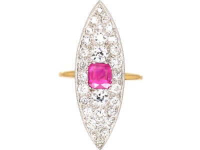 Edwardian 18ct Gold & Platinum Marquise Ring set with a Pink Sapphire & Diamonds