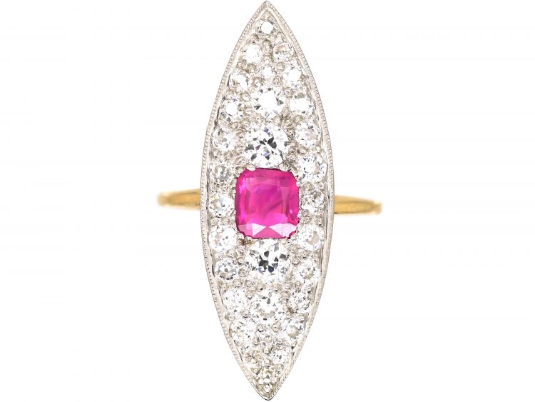 Edwardian 18ct Gold & Platinum Marquise Ring set with a Pink Sapphire & Diamonds