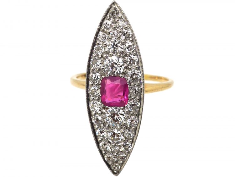 Edwardian 18ct Gold & Platinum Marquise Ring set with a Pink Sapphire & Diamonds