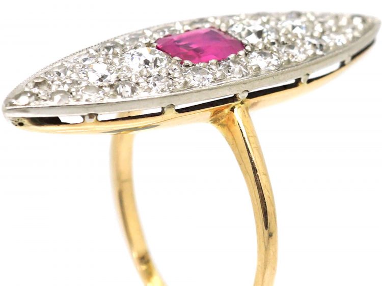 Edwardian 18ct Gold & Platinum Marquise Ring set with a Pink Sapphire & Diamonds