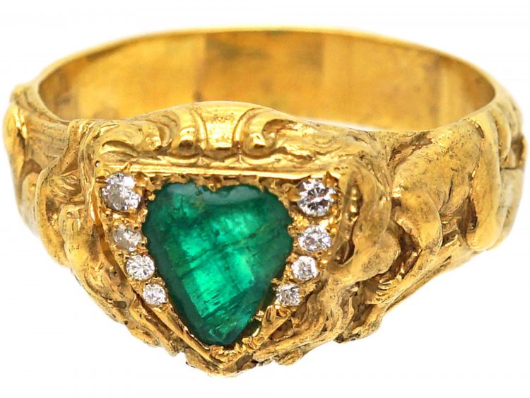 Art Nouveau 18ct Gold Ring set with an Emerald & Diamonds