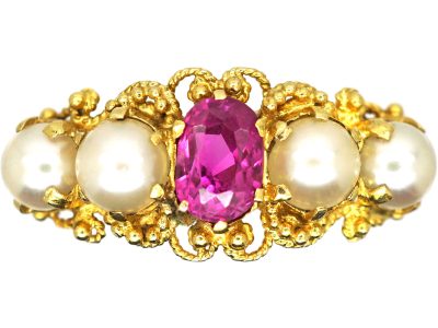 Georgian 15ct Gold, Ruby & Natural Split Pearl Ring