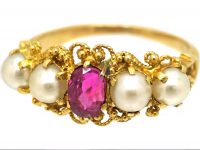 Georgian 15ct Gold, Ruby & Natural Split Pearl Ring