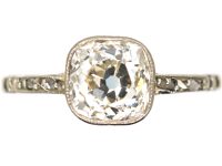 Edwardian 18ct Gold & Platinum, Old Cushion Cut Diamond Solitaire Ring with Rose Diamond Shoulders